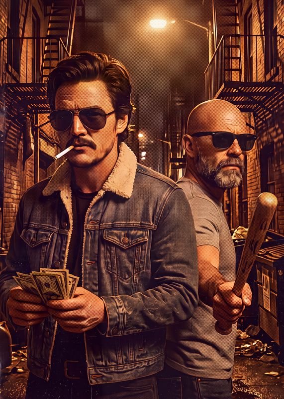 Two characters, one with a fistful of cash and one with a bat, in a lamp-lit fire-escape alley.