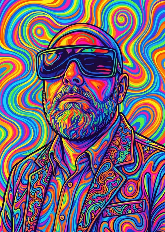 A bearded figure in shades melting into swirling rainbow patterns.