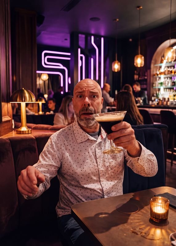 A startled patron raising an espresso martini in a moody purple lounge.