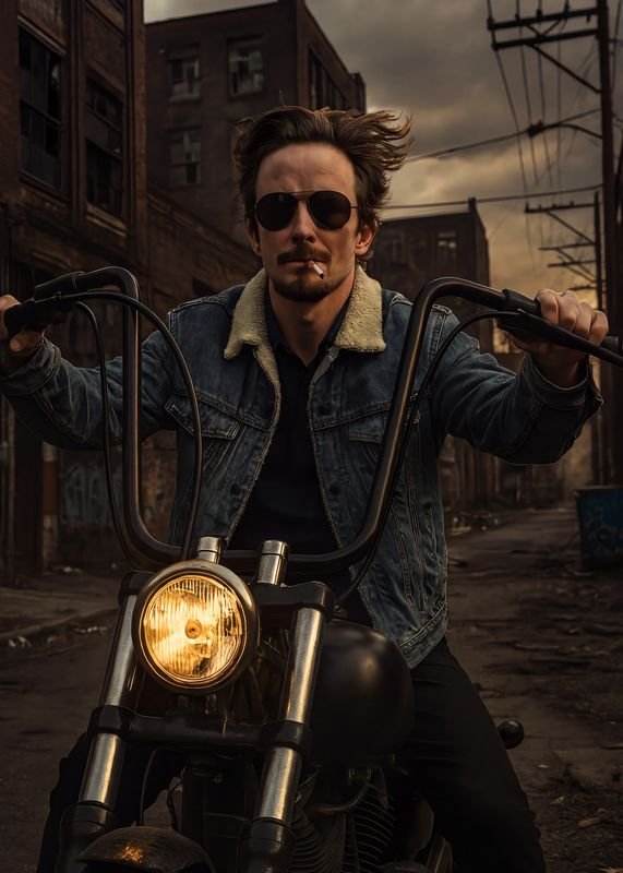 A lone rider in aviators idles a chopper down a stormy brick alley at dusk.